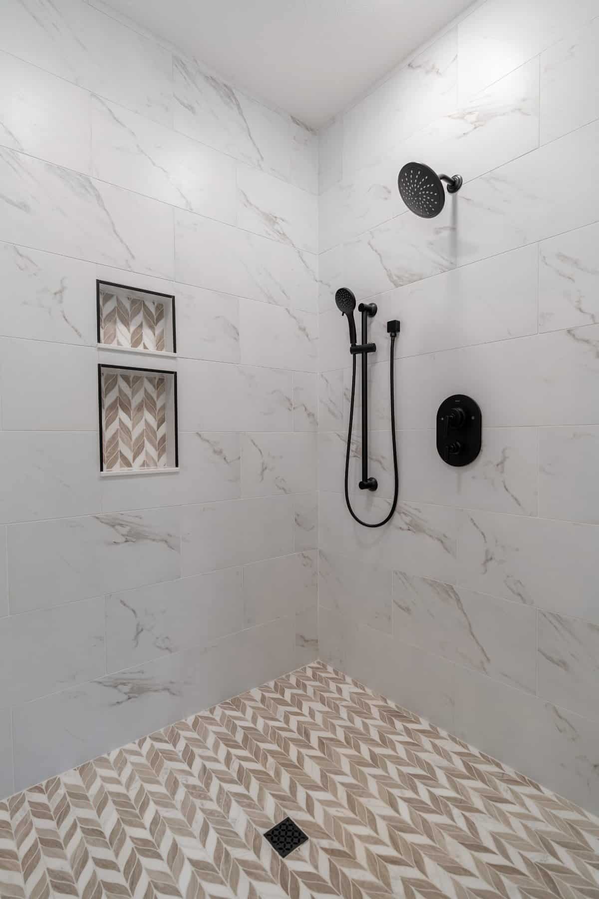 custom-tile-shower-herringbone-floor-marble-walls-hartville-ohio