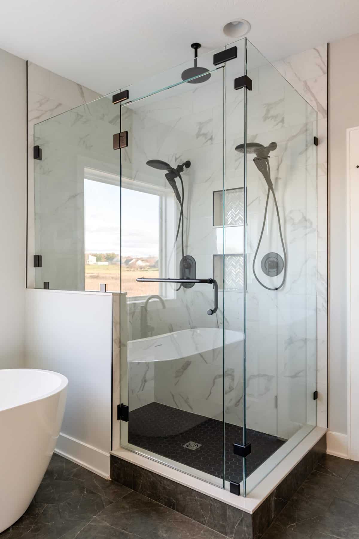 frameless-glass-shower-enclosure-dual-heads-marble-tile-plain-township