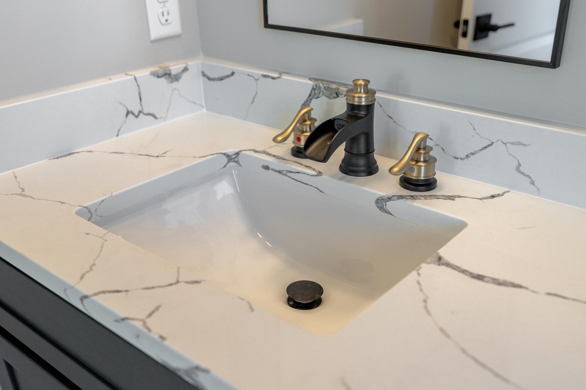 two-tone-faucet-black-champagne-quartz-countertop-custom-bathroom-ohio